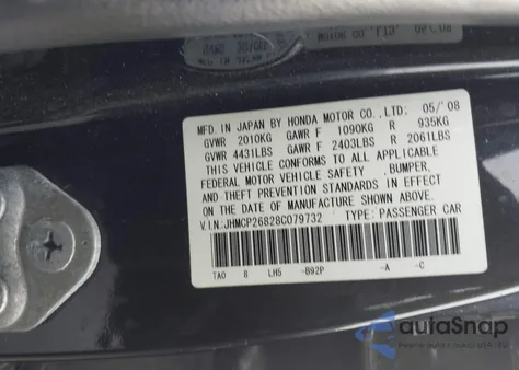 2008 Honda Accord 2.4 Ex-L z USA, uszkodzony, nr VIN JHMCP26828C079732